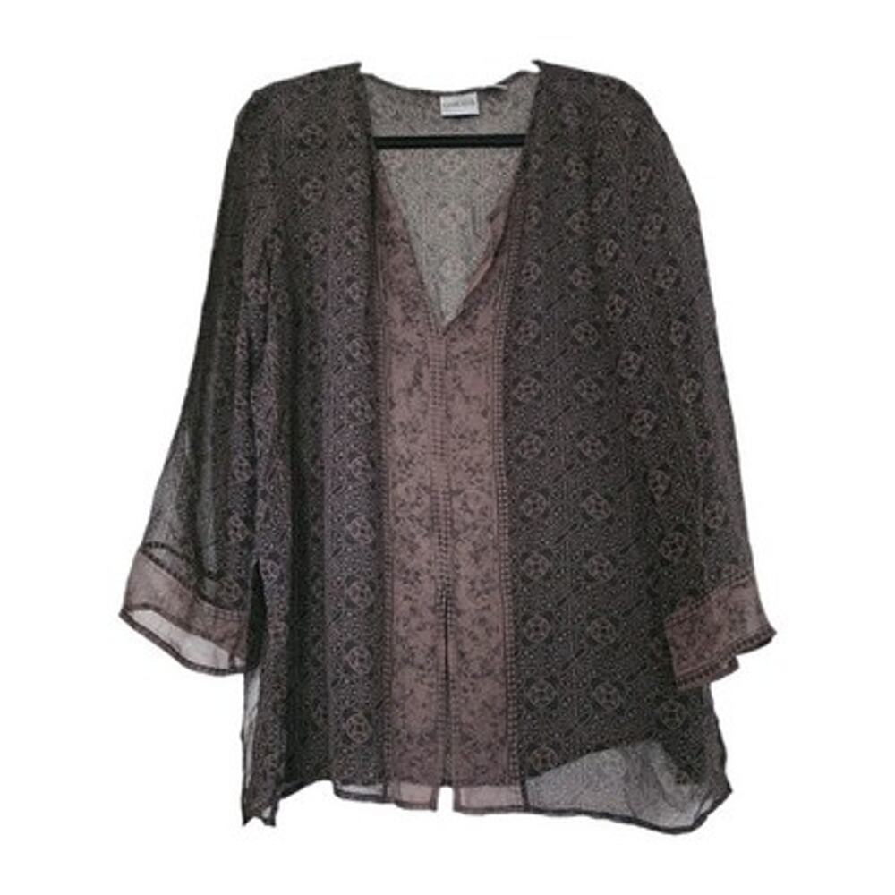Vintage Chicos Silk Vneck Blouse Womens 2 / Large Brown Geometric Boho Artsy